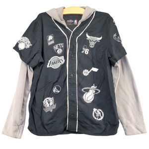 Hollister Adult NBA Teams Layered Look Button-Up Hooded Jacket Black Gray Small
